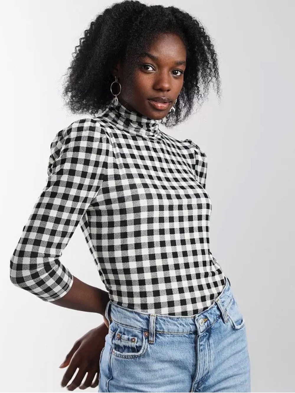 Free People Gather Turtleneck Top Gingham Puff Sleeve Black White NWT S - Picture 1 of 7